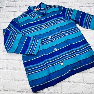 Chicos Design Silk Embroidered Striped Jacket Shirt Top Women's Blue Size 1